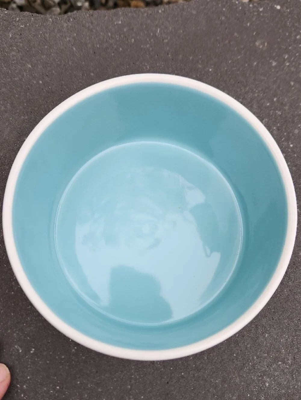 EUC Rae Dunn 'WOOF' Ceramic Dog Bowl in White with Turquoise Interior